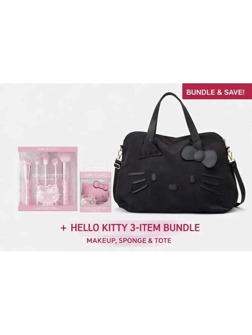 Wet n Wild Hello Kitty Black Tote Bag with Makeup Brush and Sponge Bundle